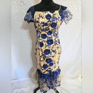 Elegant Blue Floral Embroidered Dress